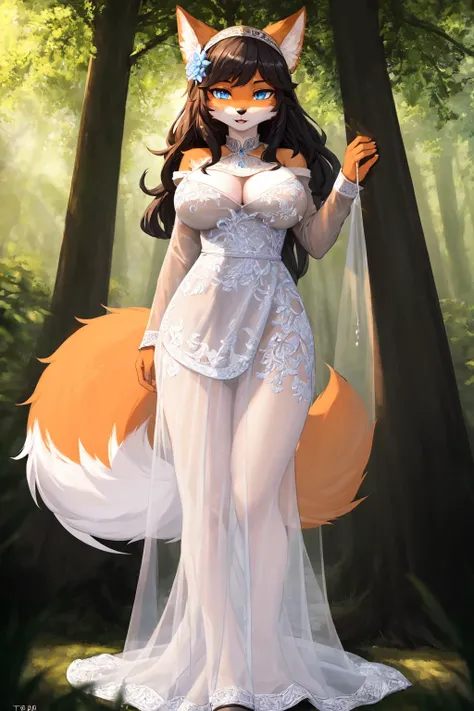 anthro fox, (detailed body fur, orange fur:1.2), medium breast, (detailed hair, curvy hair, rusty hair), (perfect blue eyes), (long fluffy fox tail),
flower on head, (black hair band),
(from below:1.2)
gl1tt3rg0wn,long sleeves,dress,see-through,glitter dress,full body, red dress,
under a tree, temperate forest,
(masterpiece:1.2), (highly detailed:1.2), (intricate:1.2), (best quality:1.2),(8k:1.2), (elegant:1.2), (sharp:1.2), (majestic:1.2),
cinematic light, vivid colors
 <lora:gl1tt3rg0wn:0.7>