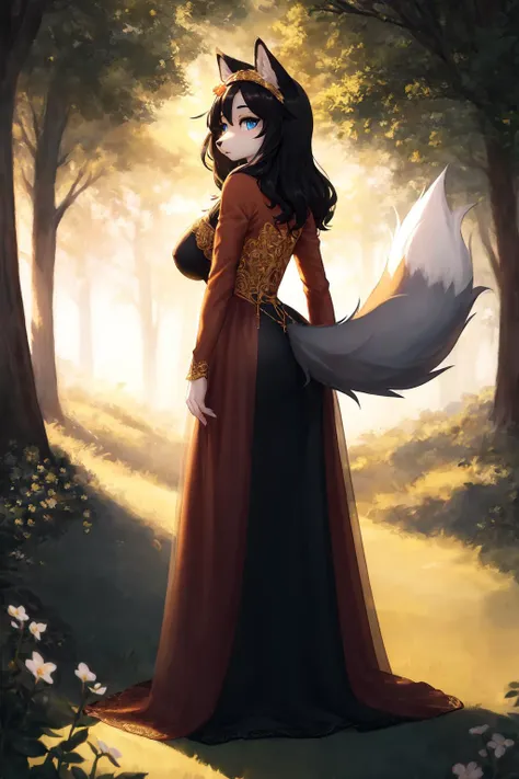 anthro fox, (detailed body fur, orange fur:1.2), medium breast, (detailed hair, curvy hair, rusty hair), (perfect blue eyes), (long fluffy fox tail),
flower on head, (black hair band),
(from behind:1.3)
gl1tt3rg0wn,long sleeves,dress,see-through,glitter dress,full body, (|red|gold] dress:1.3),
under a tree, temperate forest,
(masterpiece:1.2), (highly detailed:1.2), (intricate:1.2), (best quality:1.2),(8k:1.2), (elegant:1.2), (sharp:1.2), (majestic:1.2),
cinematic light, vivid colors
 <lora:gl1tt3rg0wn:0.7>