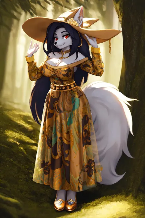 sierra, (detailed body fur:1.2), medium breast, (detailed hair, curvy hair), (perfect red eyes), (long fluffy wolf tail), grin
flower on head, jewelry,
(from behind:1.3), seductive pose,
gl1tt3rg0wn, (long see-through sleeves:1.2), see-through, glitter dress, full body, ([red|gold] printed dress:1.3), leather belt, silver belt buckle, witch hat,
under a tree, temperate forest,
(masterpiece:1.2), (highly detailed:1.2), (intricate:1.2), (best quality:1.2),(8k:1.2), (elegant:1.2), (sharp:1.2), (majestic:1.2),
cinematic light, vivid colors
<lora:sierra-v1:1> <lora:gl1tt3rg0wn:1>