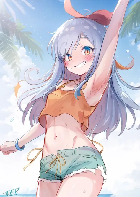masterpiece, high quality, <lora:TERv2-very-strong:1>, TER, signature, beach, palms, palm trees, water drops, light reflections, rainbow, clouds, sun, cute, skinny, standing, croptop, denim shorts, silver hair, long hair, orange eyes, mischievious face, (blush:1.2), smile, (half-closed eyes), narrow eyes, looking at viewer, arms up, happy, sunlight, smug, colorful, jumping, legs up