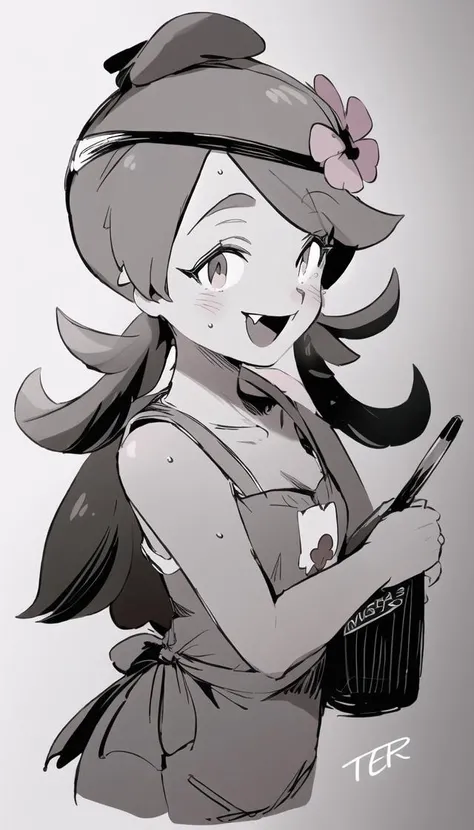 masterpiece, high quality, <lora:TERv2-very-strong:1>, TER, 1girl, solo, mallow (pokemon), twintails, drawing, manga, black and white, scribbles, hair ornament, hair flower, apron, blush, long hair, open mouth, fang, flower, monochrome, dark skin, smile, looking at viewer, swept bangs, sweat, spot color, :d, low twintails, headband, sweatdrop, <lora:Pokemon - Mallow v1 (2):0.4>