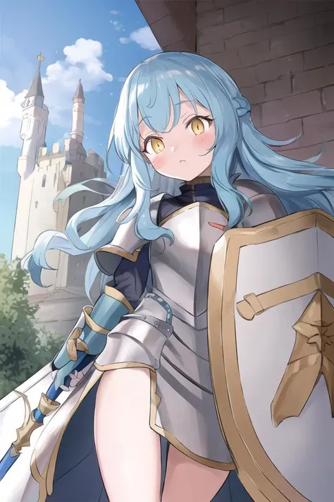 masterpiece, best quality, masterpiece, <lora:TERv2-medium:1>, TER, a beauiful knight girl in revealing armor, long hair, light blue hair, bright yellow eyes, dignified, shield, armor, outside, castle grounds, religious, christian, straight hair,