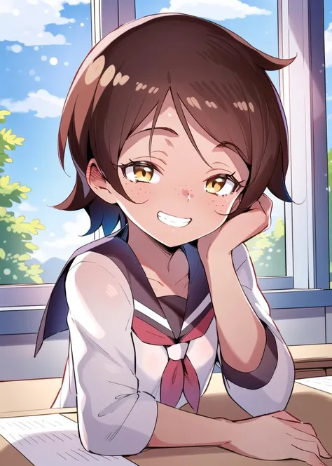 masterpiece, best quality, masterpiece, <lora:TERv2-medium:1>, TER, 
1girl, solo, detailed background, classroom, 
school uniform, serafuku,  
very short hair, brown hair, spiked hair, spiked up hair, tomboy, freckles, yellow eyes, tan, dark skin,
(head resting on hand), looking at viewer, sitting at desk, grin, half-closed eyes