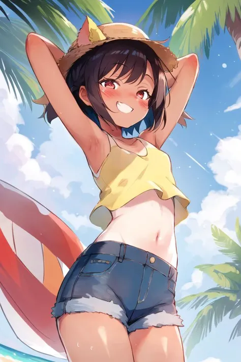 masterpiece, best quality, 1girl, beach, <lora:TER:1>, TER, cute, skinny, standing, croptop, tan, tanned, (one-piece tan), denim shorts, black hair, short hair, red eyes, mischievious face, (blush:1.2), smile, (half-closed eyes), narrow eyes, looking at viewer, arms up, happy, sunlight, palmtree, strawhat, smug