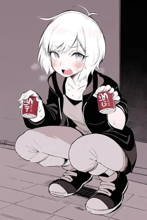 masterpiece, high quality, <lora:TERv2-strong:1>, TER, 1girl, solo, gloves, blush, short hair, open mouth, kneeling, towards viewer, looking at viewer, sweat, socks, fingerless gloves, holding can, holding, monochrome, shoes, bangs, full body, upper teeth only, teeth, small breasts, single glove, holding poke ball, blouse, jeans