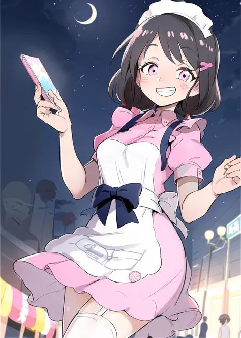 <lora:TERv2-strong:1>, TER, cute maid girl holding a flyer in the streets of shibuya at night, big city, metropolis, skyscrapers, shibuya \(tokyo\), dark, crowded, cute girl, maid, maid uniform, hair ornament, twintails, black hair, pink eyes, grin, handing out flyers, promotion, pov