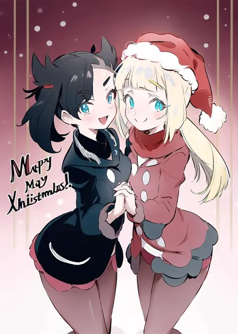 masterpiece, high quality, <lora:TERv2-strong:1>, TER, inside, detailed background, fireplace, text, merry christmas, ((2girls)), santa outfit, ( lillie \(pokemon\) and marnie \(pokemon\) ) in the christmas mood and santa outfit in a nice cozy house with christmas decorations and a fireplace, interlocked fingers, breast press, looking at viewer, smug, kneeling, lingerie, midriff, happy