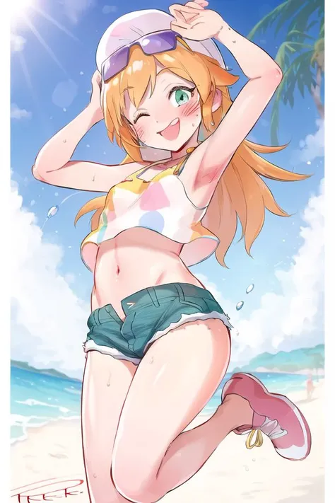 masterpiece, high quality, <lora:TERv2-strong:1>, TER, signature, beach, palms, palm trees, water drops, light reflections, rainbow, clouds, sun, cute, skinny, standing, croptop, denim shorts, orange hair, long hair, green eyes, mischievious face, (blush:1.2), smile, (half-closed eyes), narrow eyes, looking at viewer, arms up, happy, sunlight, smug, colorful, jumping, legs up