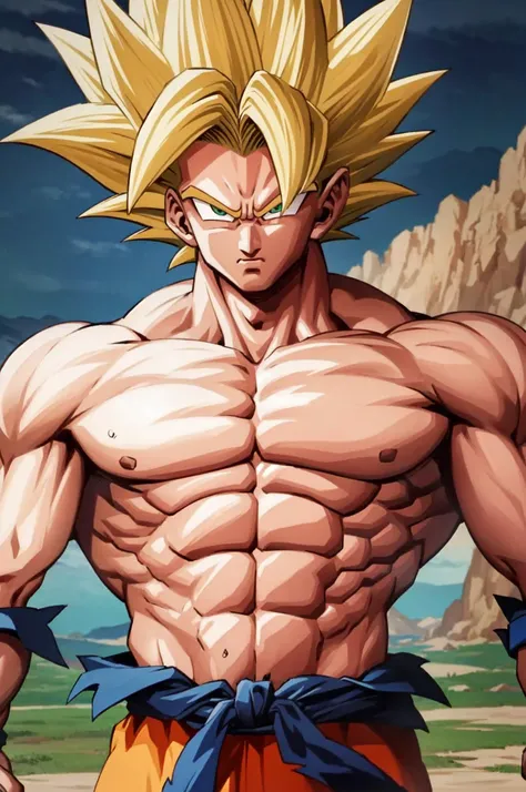 (inspirate in character of Son Goku Sayan Namek saga:1)(masterpiece, best quality), intricate details, 8k, artstation, stroke lines, wallpaper, official art, splash art, storm in planet Namek of background, sharp focus, 1boy, (photorealistic:1.2) (bokeh) (best quality) (detailed skin:1.3) (intricate details) (8k) (detailed eyes) (sharp focus) Clouse mouth, battle damage, (blonde hair:1), blue sash, green eyes, (nude torse:1), niples, male focus, muscular, muscular male, pectorals, sash, solo, super saiyan, super saiyan 1, teeth, topless male, torn clothes, (((round pupils))), perfect anatomy, perfect face, perfect eyes,(very detailed eyes:1) (very detailed face:1) (very detailed iris and pupils :1.2)