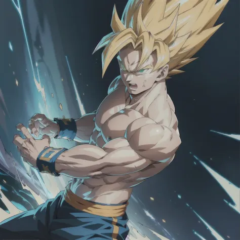 (masterpiece, best quality), intricate details, 8k, artstation, wallpaper, official art, splash art, storm in background, sharp focus, 1boy, (photorealistic:1.2) (bokeh) (best quality) (detailed skin:1.3) (intricate details) (8k) (detailed eyes) (sharp focus) son goku, angry, battle damage, blonde hair, blue sash, clenched teeth, furious, green eyes, male focus, muscular, muscular male, pectorals, sash, solo, spiked hair, super saiyan, super saiyan 1, teeth, topless male, torn clothes, wristband,