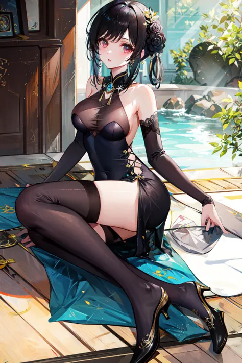 masterpiece, best quality, BREAK, solo, black hair, black thighhighs, bare shoulders, <lora:Chen Hai-2 (Azur Lane):0.8>