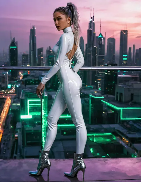In the futuristic cityscape of a cyberpunk world at dusk, Edna Smith, dressed in her striking white jumpsuit with metallic accents and high-heeled boots, confidently posed in front of a towering skyscraper, her flowing locks styled in a sleek ponytail and piercing green eyes capturing the essence of the scene as she stood amidst the glowing neon lights reflecting off wet streets. <lora:lopvyp18f540f027fsca4:1>