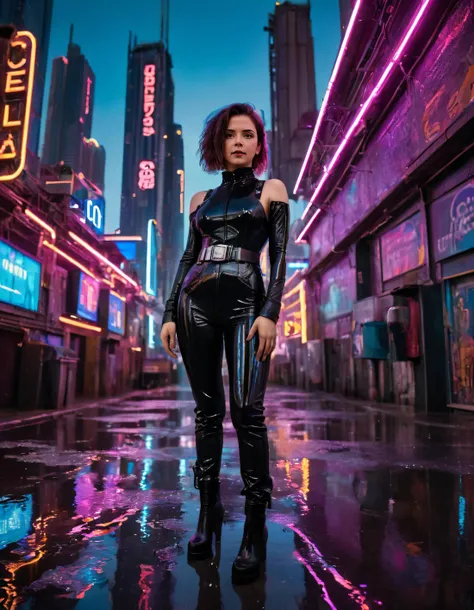 In this vivid scene, Edna Smith stands strong amidst the futuristic cyberpunk backdrop of a city drowning in neon lights that reflect off wet pavement like a thousand tiny mirrors. Wearing her flowing black jumpsuit adorned with intricate silver accents and a utility belt around her waist, she poses with her leg bent at a 45-degree angle, looking down through the angular lines of her steampunk-inspired camera lens while confidently gazing defiantly into the distance. <lora:lopvyp18f540f027fsca4:1>