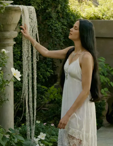 Edna Smith, standing solo in a courtyard garden, appears as the one girl with her long black hair cascading down her back like a waterfall, wearing a white sundress adorned with flowing lace trim and a delicate silver necklace as she gracefully touches the petals of a nearby flower with one hand, gazing toward an unseen horizon under the soft sunlight. <lora:lopvyp18f540f027fsca4:1>