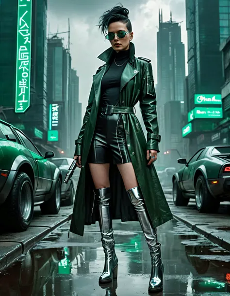 In a dystopian metropolis filled with towering cyberpunk skyscrapers and futuristic flying cars, Edna Smith, the enigmatic yet fierce protagonist dressed in a gritty noir-inspired ensemble including her signature black leather trenchcoat with silver accents, high-heeled combat boots, and mirrored shades perched on her forehead, stands boldly as she fixes her piercing green eyes upon the distant horizon, embodying the essence of a cyberpunk heroine while wielding her gleaming cyberdeck, ready to face the challenges that lie ahead. <lora:lopvyp18f540f027fsca4:1>