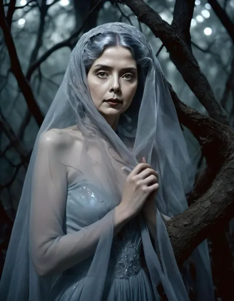 In this surrealistic avant-garde portrait, Edna Smith, with a moonlit forest as her backdrop, emerges as a mysterious woman whose porcelain complexion glows like a ghostly apparition while she strikes a dramatic pose against the twisted and gnarled tree branches, eyes fixed intently on the camera lens through the tangled silver hair veil that frames her face, wearing a flowing gown with an ethereal, iridescent quality shifting in hues just like the moonlight itself, captured from a low worm's-eye view, looking up at Edna as if emerging from within the very roots of the forest floor itself. <lora:lopvyp18f540f027fsca4:1>