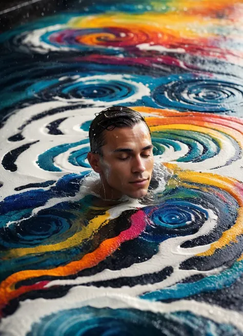 Artme, close-up portrait of a man swimming in an ocean of colorful puddles, waves, ripples, rain,water, abstract, side view, in the water, in motion, flowing, white skin, high contrast, shallow depth of field, blurry background,
<lora:artfullyPATTERN_SDXL_v1:0.8>