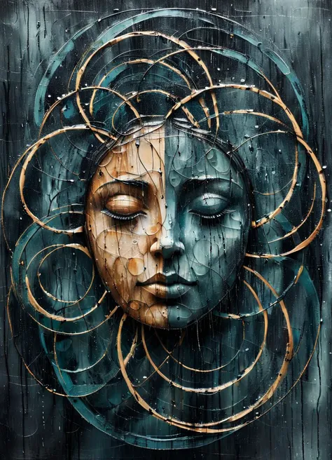 Artme, intertwine circles forming a face, abstract, rain,
