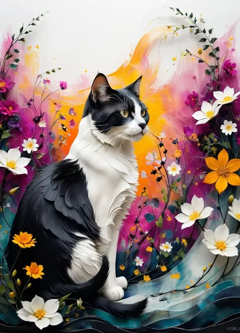 Artme, wild back cat in front of a wavy background with flowers, high contrast, shallow depth of field, blurry, bright, white,
<lora:artfullyPATTERN_SDXL_v1:0.8>