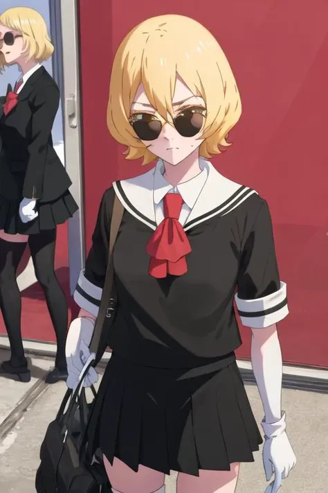 best quality, masterpiece, highres, solo, {black business suit:1.40}, {tie:1.20}, {sunglasses:1.25}, {white gloves:1.15}, {white shirt:1.10}, {black skirt:1.15}, {smoking:1.20}, handsome, {tsuyuno_yatsumura_mahoushoujosite:1.15}, blonde_hair, short_hair, yellow_eyes, serafuku, hair_between_eyes