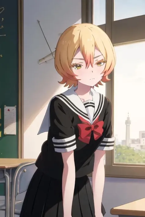 best quality, masterpiece, highres, solo, {tsuyuno_yatsumura_mahoushoujosite:1.15}, blonde_hair, short_hair, yellow_eyes, serafuku, hair_between_eyes, 1girl, black_thighhighs, school_uniform, skirt, thighhighs, zettai_ryouiki, bow