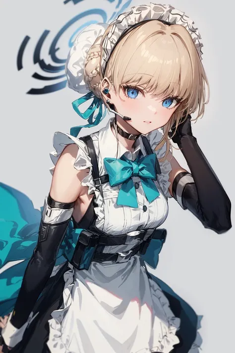 1girl, <lora:shi-000006:0.75>,ticaofu,shihalo,halo,solo, gloves, blue eyes, bow, fingerless gloves, maid headdress, apron, black gloves, headset, maid, elbow gloves, blue bow, blonde hair, looking at viewer, hair bun, simple background, bowtie, maid apron, short hair, frills, , white apron, blue bowtie, bangs, dress, pouch, grey background