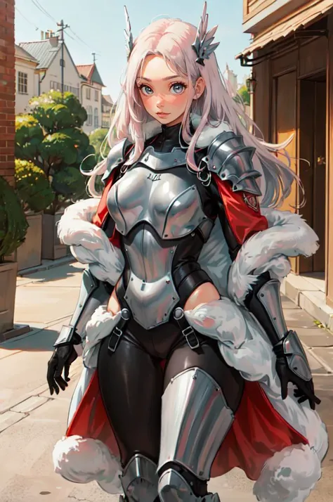 <lora:sohnno_style_v1:1> Sohnno Style,, absurdres, ultra detailed, masterpiece, best quality, aesthetic, detailed,, serious, 1girl, (white eyes:1.1), (grey eyes:1.3), white hair, very long hair, parted hair, parted bangs, <lora:parted_hair_v1.3:1.3>, medium breasts,, valkyrie, (bodysuit:1.1), pink wing hair ornament, grey armored skirt, black bodysuit, armor, gauntlets, pink breastplate, greaves, armored dress, pink hues,