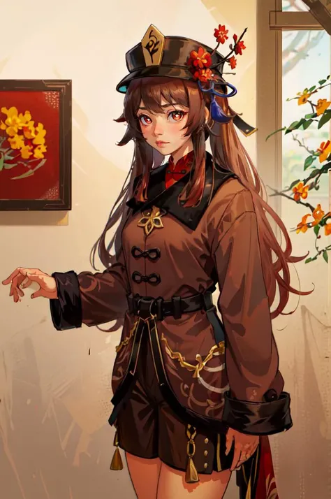<lora:sohnno_style_v1:1> Sohnno Style, <lora:Hu_Tao_Genshin:0.65> Hu_Tao_Genshin, 1girl, solo, long hair, red eyes, brown eyes, flower-shaped pupils, twintails, hu tao \(genshin impact\), hat, long sleeves, hat flower, jewelry, chinese clothes, shorts,, absurdres, ultra detailed, masterpiece, best quality, aesthetic, detailed,