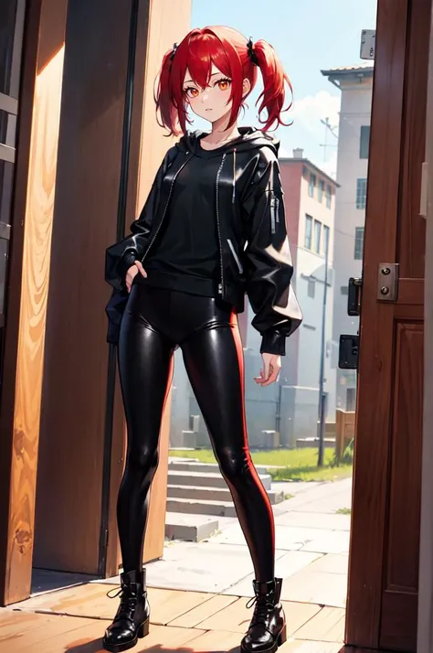 <lora:sohnno_style_v1:1> Sohnno Style,, absurdres, ultra detailed, masterpiece, best quality, aesthetic, detailed,, solo, 1girl, red hair, orange eyes, amber eyes, swept bangs, parted bangs, <lora:LowTwintailsHelper:1> low twintails,
short hair, medium hair, small breasts, <lora:Tsurime3:1>, (tsurime:1.2),, leggings, leather jacket, long shirt, combat boots, hoodie,