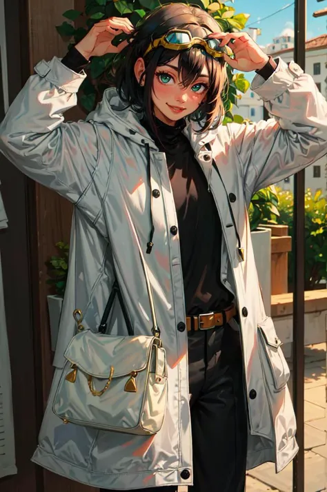 <lora:sohnno_style_v1:1> Sohnno Style,, absurdres, ultra detailed, masterpiece, best quality, aesthetic, detailed,, ultra detailed, masterpiece, best quality, solo, smile, 1boy, green eyes, short hair, black hair, bangs, hair between eyes, messy hair, (goggles on head:1.2),, headband, white coat, hooded coat, hood down, open coat, turtleneck, capri pants, pants, black knee boots,