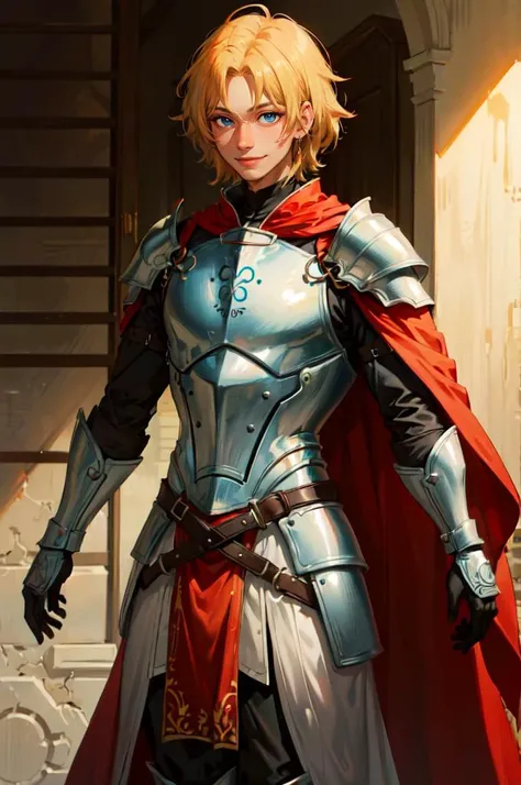 <lora:sohnno_style_v1:1> Sohnno Style,, absurdres, ultra detailed, masterpiece, best quality, aesthetic, detailed,, solo, smile, 1boy, blue eyes, medium blonde hair, parted bangs, hair intakes, male focus, muscular male,, armor, pauldrons, cuirass, gauntlets, waist cape, greaves, black bodysuit, surcoat, shoulder sash, wing shoulder armor, cape, pants,
