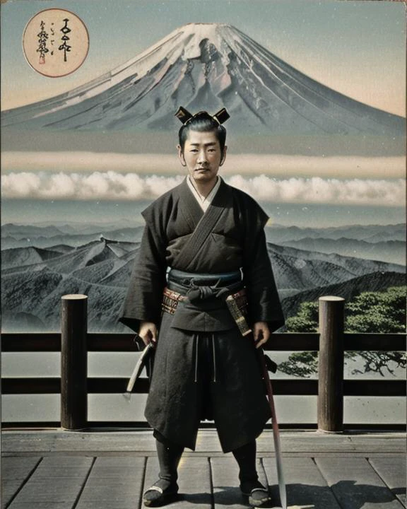 <lora:wish_you_were_here:0.8> WYWH, postcard, vintage, photograph, japan, a samurai holding a katana, mount fuji in background