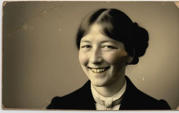 <lora:wish_you_were_here:1> WYWH postcard photograph of a woman smiling damage
