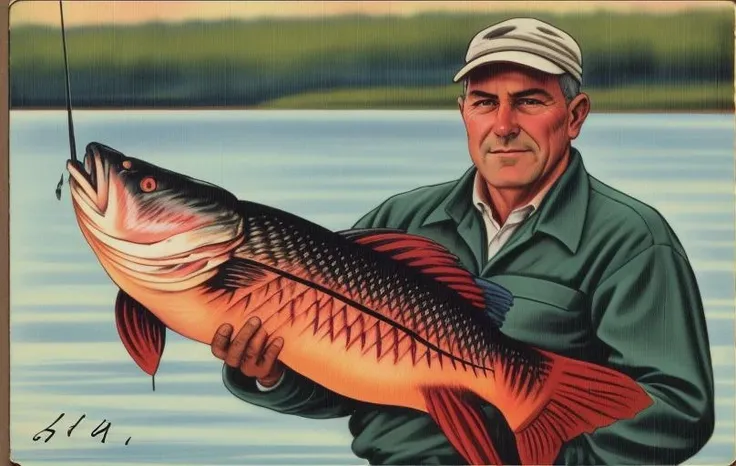 <lora:wish_you_were_here:1> WYWH postcard drawing of a man holding a fish