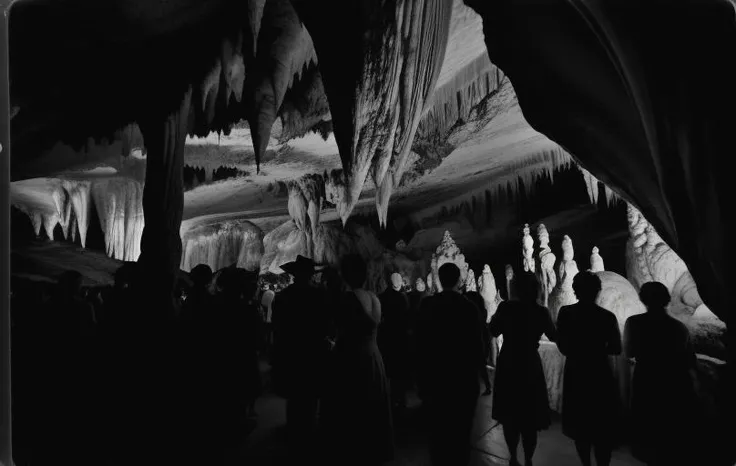 <lora:wish_you_were_here:1> WYWH postcard photograph of a dark cave stalagmites crowd of people dancing monochrome