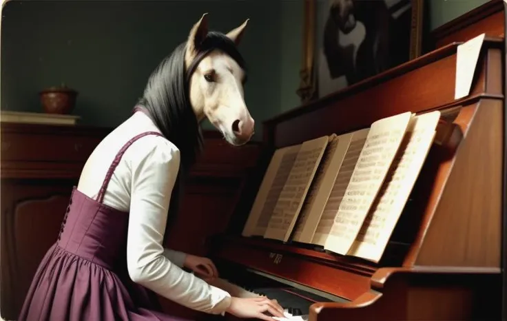 <lora:wish_you_were_here:1> WYWH postcard drawing of a horse playing a piano