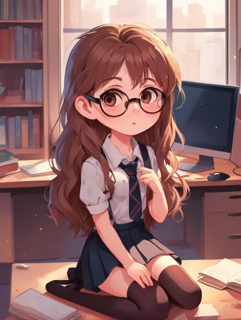 Kids Book of a girl with long messy hair, wearing glasses and tight skirt with pantyhose, nose blush, half-closed eyes, open mouth, sitting in office room, front view, solo, full body, sfw, KidsRedmAF <lora:StorybookRedmondV2-KidsBook-KidsRedmAF:1>