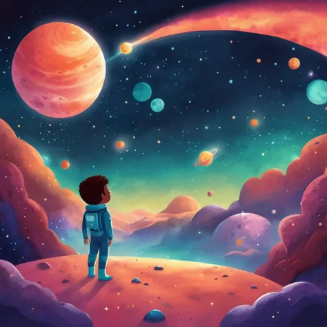 Space Children's Book Illustration, Galactic Color Palette, Friendly Alien, Meteor Shower, Outer Space Landscape, Cosmic Night, Wonder-filled Mood,
,Kids Book, KidsRedmAF,
<lora:StorybookRedmondV2-KidsBook-KidsRedmAF:1>