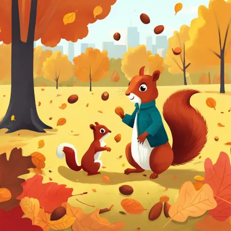 Seasonal Children's Book Illustration, Autumnal Color Palette, Squirrel Gathering Nuts, Crisp Fall Weather, Park Landscape, Autumn Afternoon, Content Mood
,Kids Book, KidsRedmAF,
<lora:StorybookRedmondV2-KidsBook-KidsRedmAF:1>