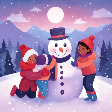 Winter Children's Book Illustration, Cool Color Palette, Snowman Family, Snowfall, Winter Wonderland Landscape, Twilight, Festive Mood,
,Kids Book, KidsRedmAF,
<lora:StorybookRedmondV2-KidsBook-KidsRedmAF:1>