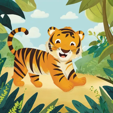A happy tiger,
,Kids Book, KidsRedmAF,
<lora:StorybookRedmondV2-KidsBook-KidsRedmAF:1>