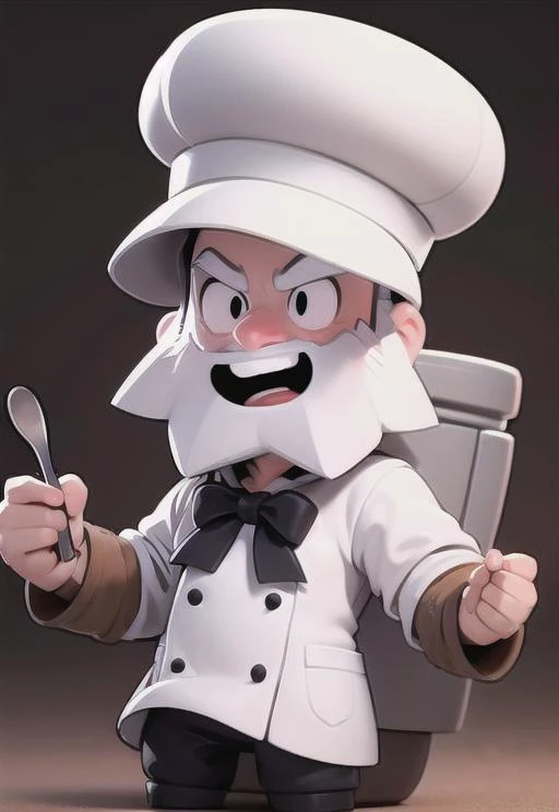 1 Old Man, <lora:bsdynaf :0.8> Cheff's Hat, White Sack , ,Cooking ,Red Bow ,angry face ,beard ,, (masterpiece, best quality, hires, high resolution:1.1), (, intricate details, highres) ,
