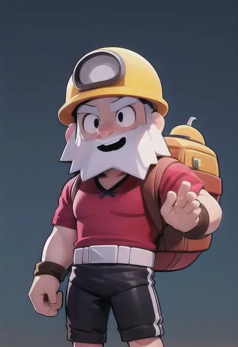 1 Old Man, <lora:bsdynaf :0.8> ,Mining helmet, red shirt, blue pants, red dynamite in hand, backpack, (masterpiece, best quality, hires, high resolution:1.1), (, intricate details, highres) ,