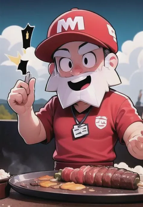 1 Old Man, <lora:bsdynaf :0.8> ,Sportswear ,red cap, whistle, red shirt , Grilling Meat, (masterpiece, best quality, hires, high resolution:1.1), (, intricate details, highres) ,