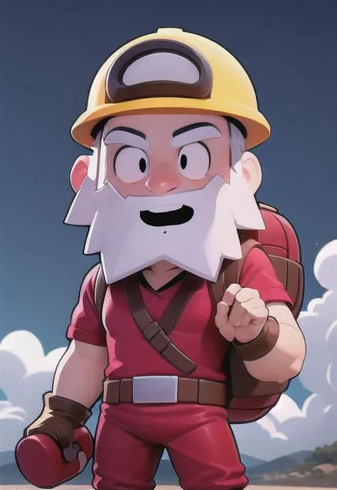 1 Old Man, <lora:bsdynaf :0.8> ,Mining helmet, red shirt, blue pants, red dynamite in hand, backpack, (masterpiece, best quality, hires, high resolution:1.1), (, intricate details, highres) ,