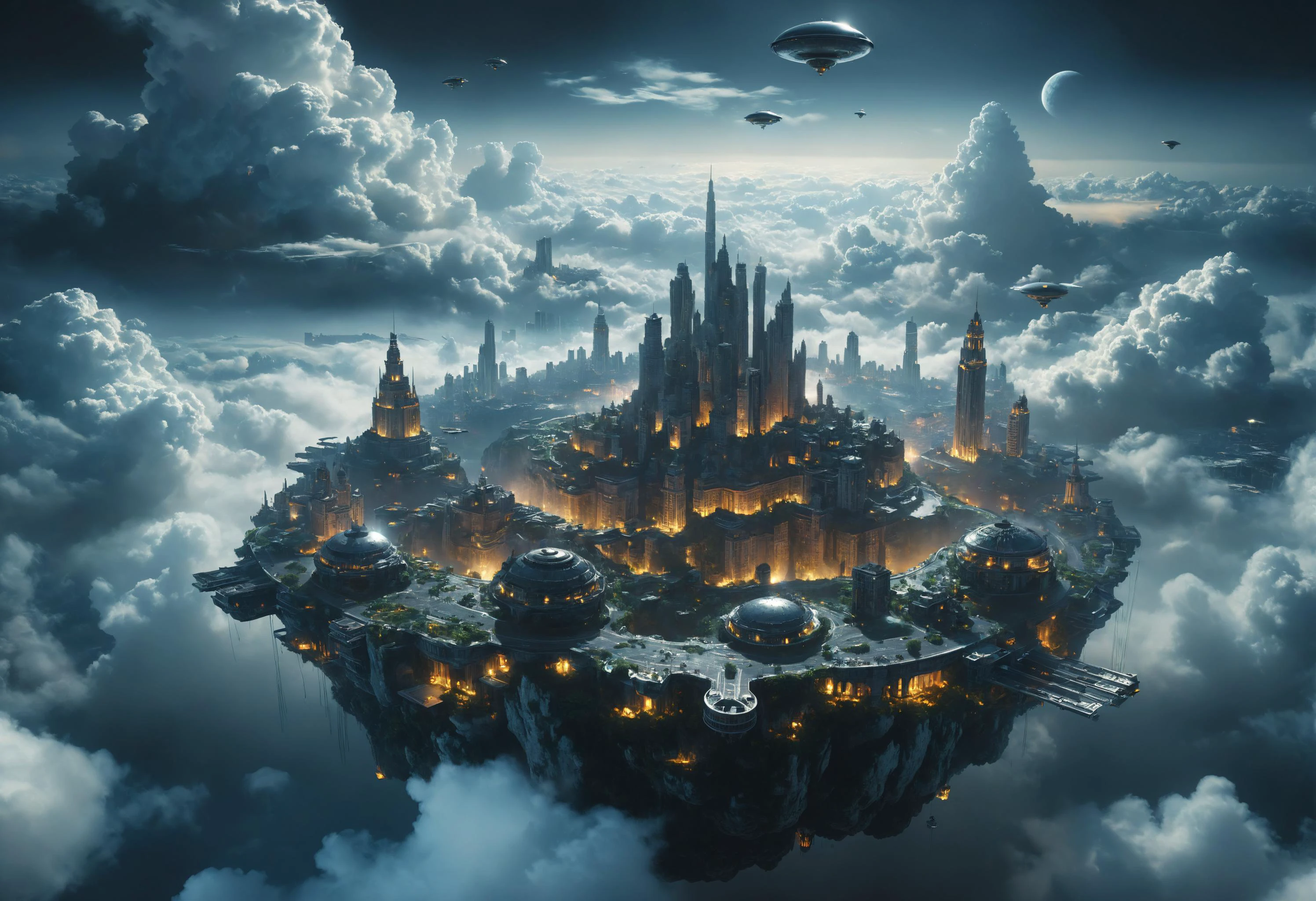 Ultra-large huge flat cities floating in the high sky behind on the clouds, precision mechanical device, air vehicle, environmental concept art, mystery, cg scene design, large scene, epic feeling, strong contrast between light and dark, dreamy night theme style, Realistic style, architectural photography, ultra-high details,
<lora:xl_floating:0.6> floating island, surreal <lora:add-detail-xl:0.5>