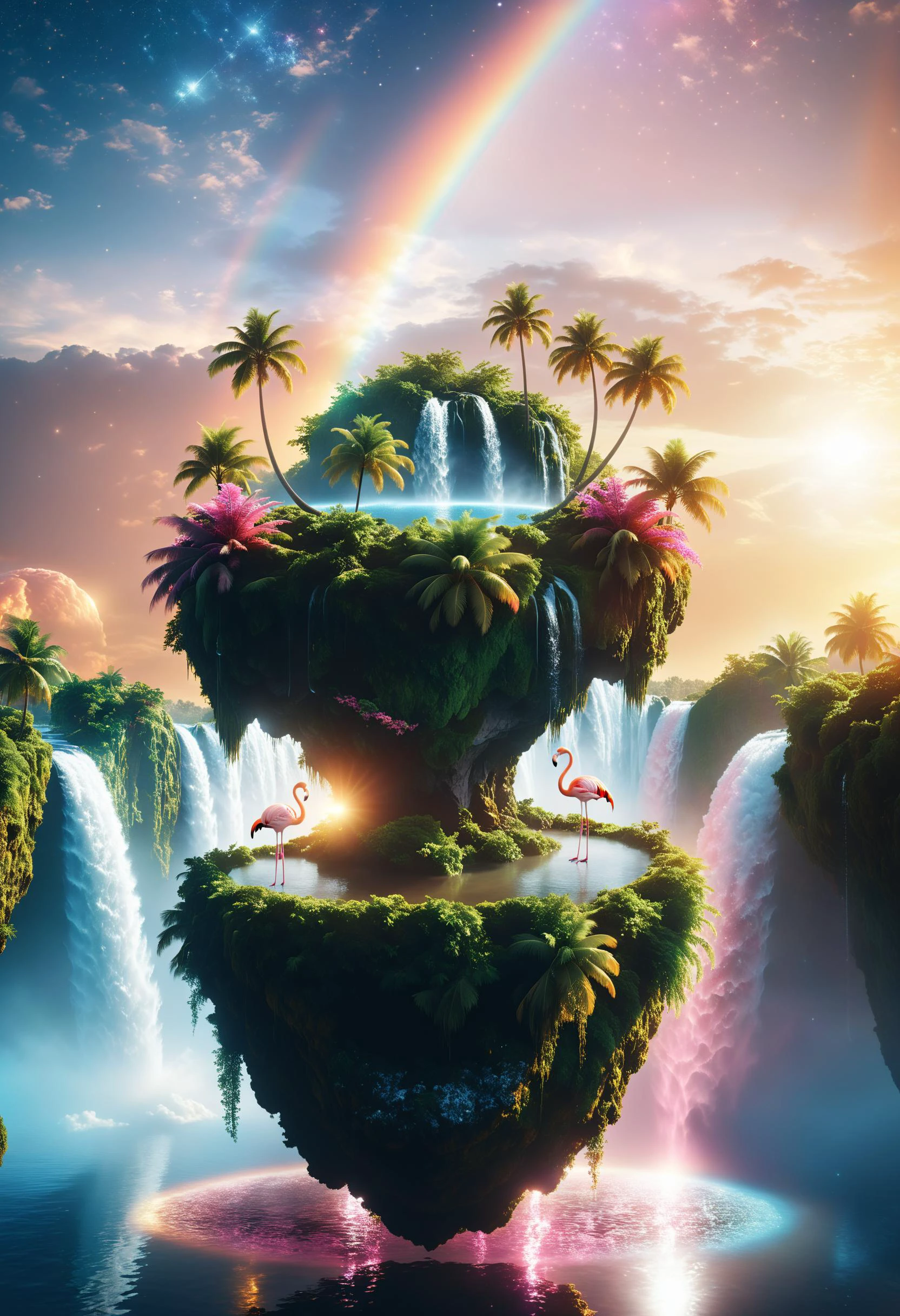 cinematic photo surreal, a floating island with starry rainbow sunset, palm trees, waterfall, flamingo, plants, glossy, glitter, photorealistic, The island suspended in the sky. It is a hyper-realistic science fiction style, ethereal illustration. conceptual digital art,<lora:xl_floating:0.9> . 35mm photograph, film, bokeh, professional, 4k, highly detailed