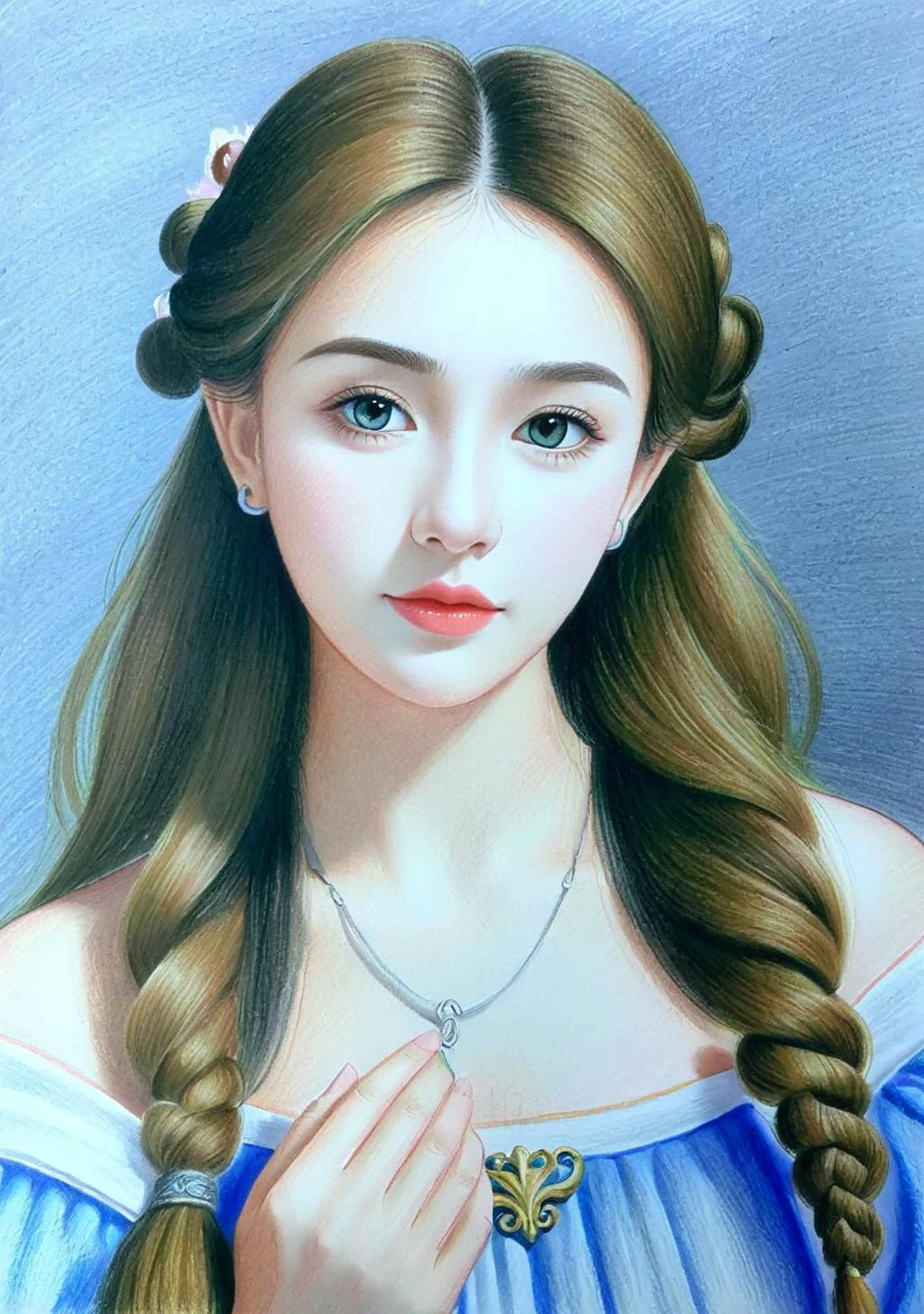 Renaissance style 1girl,(FN colored pencils:1.2),Hand drawing,sketch,portrait,Soft neutral tones background,(Artist-grade pencil drawing details:1.2),1girl,<lora:FN-colored pencils_XL-V1.0:0.8>, . Realistic, perspective, light and shadow, religious or mythological themes, highly detailed