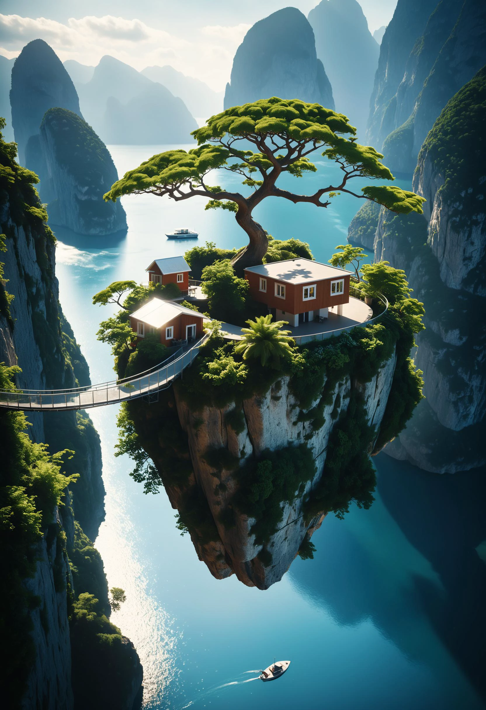 cinematic film still surreal, a floating island with rock cliff mountain, The island suspended in the sky.interpretation of suspended habitats over a small island, innovative tree-like structures, aerial walkways, vertical gardens, harmonious with nature, imaginative and colorful,
<lora:xl_floating:0.6>, insane intricate detail, dazzling bright daytime . shallow depth of field, vignette, highly detailed, high budget, bokeh, cinemascope, moody, epic, gorgeous, film grain, grainy
