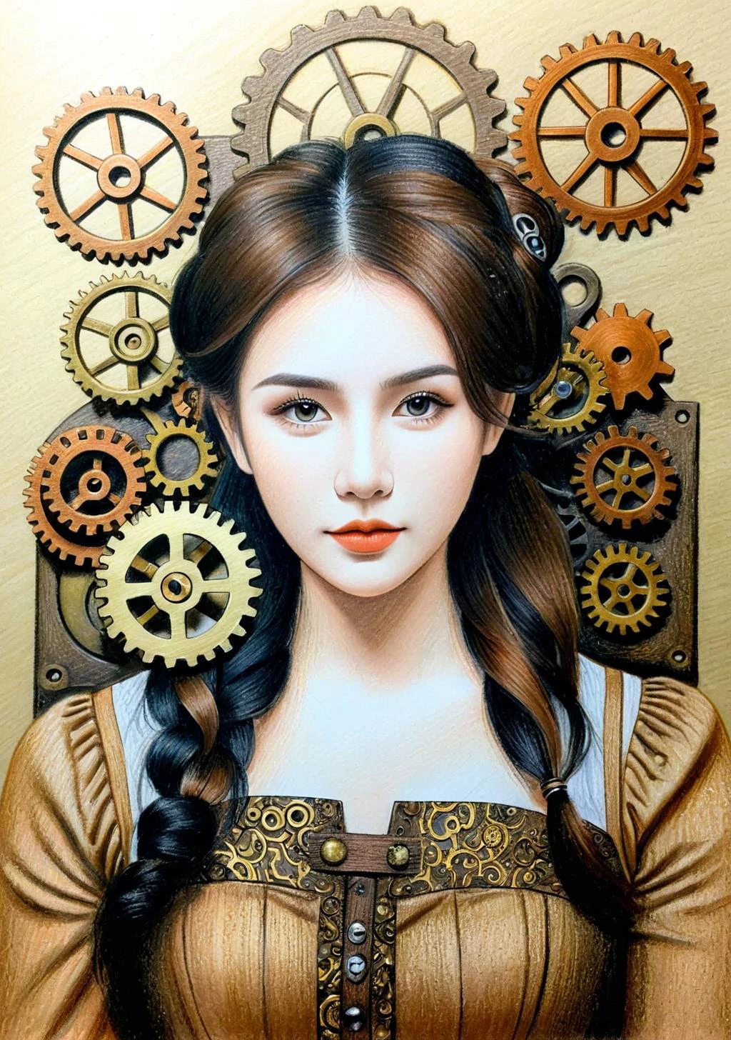 Steampunk style 1girl,(FN colored pencils:1.2),Hand drawing,sketch,portrait,Soft neutral tones background,(Artist-grade pencil drawing details:1.2),1girl,<lora:FN-colored pencils_XL-V1.0:0.8>, . Antique, mechanical, brass and copper tones, gears, intricate, detailed